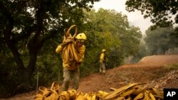 Emergency crews and firefighters are working to extinguish the fire advancing through the forest in La Orotava in Tenerife, Canary Islands, Spain, Aug. 19, 2023.