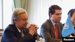 U.N. Secretary General Antonio Guterres holds a bilateral meeting with Japan's Prime Minister Fumio Kishida (not pictured) on the sideline of the G7 leaders' summit in Hiroshima, western Japan, May 21, 2023.