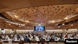 FILE - Director-General of the World Health Organisation Dr. Tedros Adhanom Ghebreyesus attends the World Health Assembly at the United Nations in Geneva, May 21, 2023. WHO officials said Monday that progress was being made in efforts to respond to sexual misconduct cases.