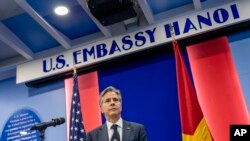 U.S. Secretary of State Antony Blinken pauses while speaking at a news conference at the U.S. Embassy Annex in Hanoi, Vietnam, April 15, 2023.