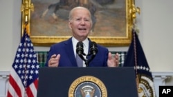 President Joe Biden speaks in the Roosevelt Room of the White House, in Washington, Oct. 1, 2023.