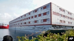 A view of the Bibby Stockholm accommodation barge, which will house up to 500 asylum-seekers, at Portland Port in Dorset, England, July 21, 2023. 