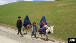 Afghan burqa-clad women ride donkeys alongside children on a road near Shah Mari village in Argo district, Badakhshan province, on May 1, 2024.