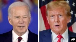 Foto kombinasi: Presiden Joe Biden berbicara di Milwaukee, 13 Maret 2024 (kiri) dan mantan Presiden Donald Trump berbicara di New York, 11 Januari 2024. (AP)