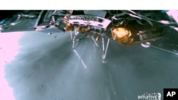 This image provided by Intuitive Machines shows a broken landing leg on the Odysseus lander. 