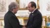Egyptian President Abdel Fattah el-Sissi, right, greets United Nations Secretary-General Antonio Guterres during an international peace summit near Cairo, Oct. 21, 2023. (Egyptian Presidency Media Office via AP)