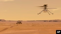 This illustration, made available by NASA, depicts the Ingenuity helicopter on Mars after launching from the Perseverance rover, shown in the background left. (NASA/JPL-Caltech via AP)