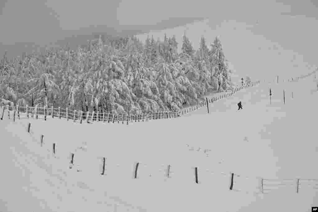 A person walks through a snowy landscape near the French border in Ibaneta, northern Spain, Jan. 8, 2024.