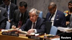U.N. Secretary-General Antonio Guterres speaks during a U.N. Security Council meeting addressing the humanitarian crisis in the midst of conflict between Israel and Hamas, at U.N. headquarters, Dec. 8, 2023.
