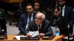 FILE - Palestinian Ambassador to the U.N. Riyad Mansour speaks during the Security Council meeting at United Nations headquarters, Dec. 22, 2023.
