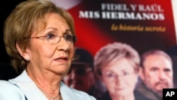 Juanita Castro, 76, sister of Fidel Castro, talks to a reporter in Miami, Florida, Oct. 27, 2009. She died of natural causes at a Miami hospital on Tuesday.