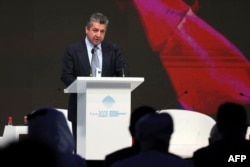 FILE - Masrour Barzani, Prime Minister of Iraqi Kurdistan's regional government, speaks during an energy forum in Dubai on March 28, 2022. Barzani traveled to Dubai on Nov. 30, 2023, to attend the U.N. Conference of the Parties, or COP28.