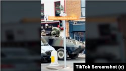 Screen capture from TikTok of an armored personnel carrier traveling in the Dublin suburb of Rathmines, which has falsely been linked to November 23, 2023, anti-immigrant riots in Dublin, Ireland. 
