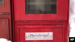 An empty newspaper rack for the Ouray County Plaindealer is show on Jan. 18, 2023, in Ouray, Colorado.