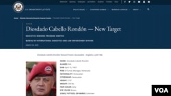 Captura de pantalla del sitio web del Departamento de Estado donde ofrece una millonaria recompensa por información sobre Diosdado Cabello, líder político venezolano.