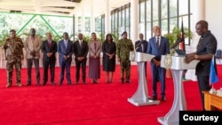 Kenyan President William Ruto, right, and Haitian Prime Minister Ariel Henry, second from right, announce an agreement to allow 1,000 Kenyan police officers to deploy to Haiti, in Nairobi, Kenya, March 1, 2024. (Photo courtesy of Kenya's State House)