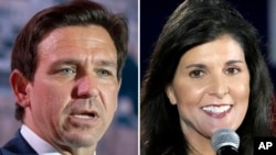 FILE - This combination of photos shows Republican presidential candidates, Florida Governor Ron DeSantis, and former U.S. Ambassador to the U.N. and South Carolina Governor Nikki Haley. 