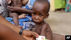 FILE- A doctor attends to a malnourished child at a refugee camp in Yola, Nigeria, May 3, 2015. Nigerian authorities declared a national emergency on food security July 13, 2023, as record inflation has made basic foods unaffordable for many. 