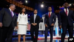 Republican presidential candidates, from left, former New Jersey Gov. Chris Christie, former U.N. Ambassador Nikki Haley, Florida Gov. Ron DeSantis, businessman Vivek Ramaswamy and Sen. Tim Scott.