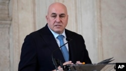 FILE - Italy's Defense Minister Guido Crosetto speaks during a press conference at the Villa Madama in Rome, Feb. 9, 2023.