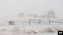 An American flag is seen fixed to a farm fence along U.S. Highway 20 during a blizzard near Galva, Iowa, Jan. 13, 2024. 