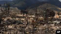 FILE — The aftermath of a wildfire in Lahaina, Hawaii, on Aug. 21, 2023. Hawaii officials said on Jan. 26, 2024, that they have identified Lydia Coloma, the last of the 100 known victims of the wildfire that destroyed Lahaina in August last year.