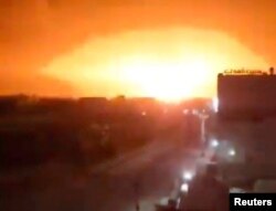 An explosion occurs following an attack amid the U.S.-led strikes on Houthi targets in Dhamar, Yemen, in this screengrab from a video released on Jan. 18, 2024, and obtained by Reuters.
