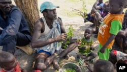 A displaced man and children rip leaves off branches, preparing to boil and eat them, in Kowach village in Canal Pigi county, Jonglei State, South Sudan, May 5, 2023. The country is due to hold presidential elections in 2024.