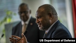 Secretary of Defense Lloyd J. Austin III and Papua New Guinea Prime Minister James Marape address the media during a press confefence in Port Moresby, Papua New Guinea, July 27, 2023.