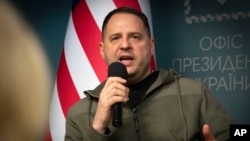 FILE - Andriy Yermak, head of the Office of the President of Ukraine, holds a presser with White House national security adviser Jake Sullivan, not pictured, in Kyiv, Ukraine, Nov. 4, 2022.