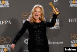 FILE - Jennifer Coolidge celebrates her Golden Globe Award on Jan. 10, 2023, in Beverly Hills, Calif. Coolidge won for her supporting role in "The White Locust," which also earned her an Emmy nomination.