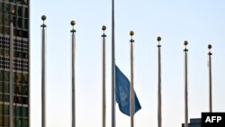 A flag is flown at half-staff at the United Nations headquarters in New York on Nov. 13, 2023.