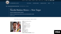 Captura de pantalla del sitio web del Departamento de Estado donde ofrece una millonaria recompensa por información sobre Nicolás Maduro, presidente de Venezuela, acusado penalmente en una corte de Estados Unidos en marzo de 2020.