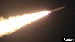 A strategic cruise missile dubbed Pulhwasal-3-31 launches during a test at an unspecified location in North Korea in this image released by the Korean Central News Agency on Jan. 25, 2024.