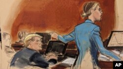 FILE - In this courtroom sketch, attorney Alina Habba points to her client, former President Donald Trump, as she delivers her closing arguments to the jury during a defamation trial, Jan. 26, 2024, in New York. (Elizabeth Williams via AP)