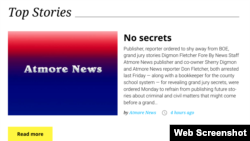This portion of the Atmore News' website provides a link to its story about the arrests of its publisher and one of its reporters in connection with the publishing of grand jury information. 