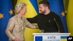 European Commission President Ursula von der Leyen, left, and Ukrainian President Volodymyr Zelenskyy attend a press conference in Kyiv, Ukraine, Nov. 4, 2023.