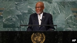 FILE - Haiti's Foreign Minister Jean Victor Geneus addresses the 77th session of the United Nations General Assembly, at U.N. headquarters, Sept. 24, 2022.