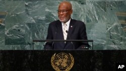 FILE - Haiti's Foreign Minister Jean Victor Geneus addresses the 77th session of the United Nations General Assembly, at U.N. headquarters, Sept. 24, 2022.