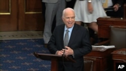 In this image from video provided by Senate Television, Sen. John McCain, R-Ariz. speaks the floor of the Senate on Capitol Hill in Washington, July 25, 2017. McCain returned to Congress for the first time since being diagnosed with brain cancer.
