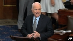 In this image from video provided by Senate Television, Sen. John McCain, R-Ariz. speaks the floor of the Senate on Capitol Hill in Washington, July 25, 2017. McCain returned to Congress for the first time since being diagnosed with brain cancer.