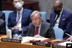 FILE - United Nations Secretary-General Antonio Guterres speaks during a Security Council meeting on situation in Ukraine, Sept. 22, 2022 at United Nations headquarters.