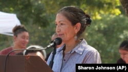 Interior Secretary Deb Haaland speaks at the 30th annual Ocmulgee Indigenous Celebration, on Saturday, Sept. 17, 2022, in Macon, Ga.