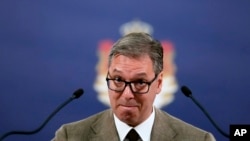 FILE - Serbian President Aleksandar Vucic speaks during a press conference in Belgrade, Serbia, June 29, 2022.