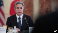 Secretary of State Antony Blinken speaks during the U.S.-Japan Economic Policy Consultative Committee at the State Department, July 29, 2022. Also in the day Blinken spoke with Russian Foreign Minister Sergey Lavrov by phone about a possible prisoner swap.