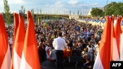 Leader of Everybody for Hungary party Peter Marki-Zay speaks during a rally against the new taxation rules in Budapest, Hungary, July 16, 2022.