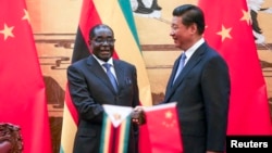 Zimbabwe's President Robert Mugabe (L) and his Chinese counterpart Xi Jinping shake hands during a signing ceremony at the Great Hall of the People in Beijing, Aug. 25, 2014.