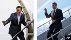 Presiden Amerika Barack Obama (kanan) dan Mitt Romney membatalkan jadwal kampanye mereka hari Selasa (30/10) dan memusatkan pidato mereka pada korban badai Sandy yang melanda pesisir Timur Amerika.