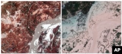This combination of March 24 and Aug. 28, 2022 photos provided by Maxar Technologies shows the Indus River in the aftermath of flooding in Rajanpur, Pakistan. The country’s climate minister called the deadly monsoon season “a serious climate catastrophe.”