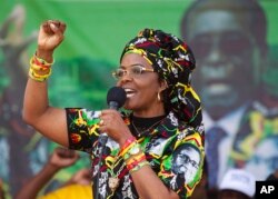 FILE - Zimbabwe's first lady, Grace Mugabe, greets supporters at a rally, July 29, 2017.